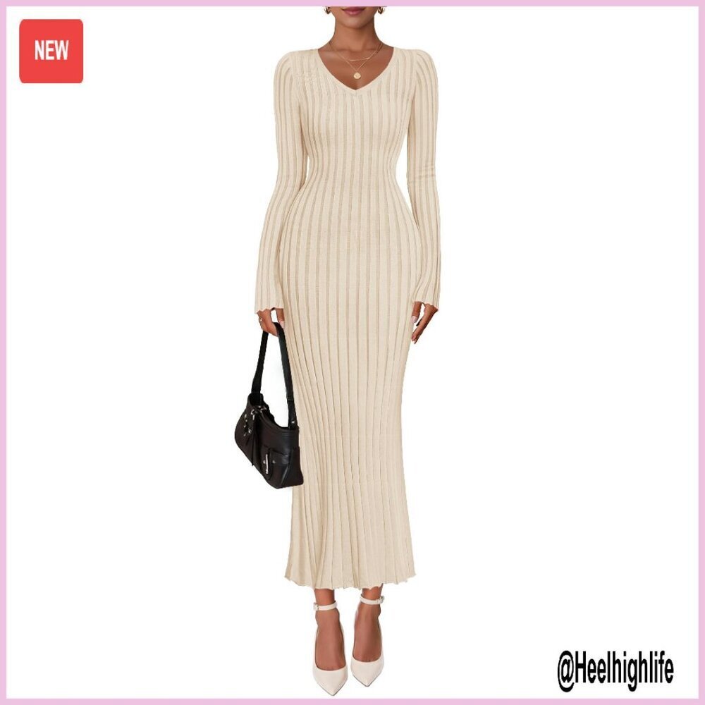 Long Sleeve V Neck Ribbed Knit Bodycon Maxi Dress Fall Party Cocktail